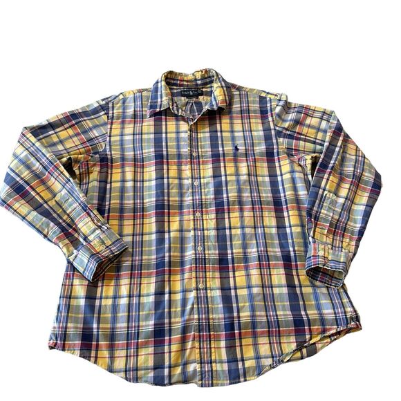 Ralph Lauren Shirt Mens XL Blue‎ Yellow Plaid Long Sleeve Button Up Custom Fit - Picture 1 of 12
